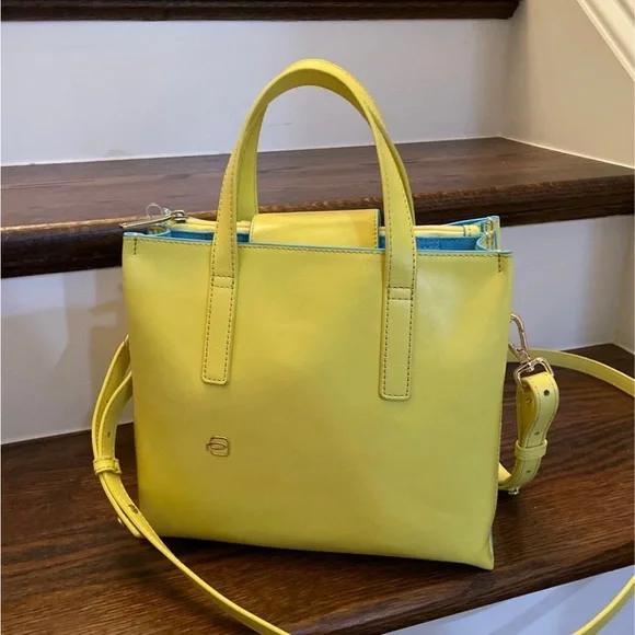 PIQUADRO” YELLOW SOFT ITALIAN LEATHER DESIGNER SATCHEL - Picture 10 of 12